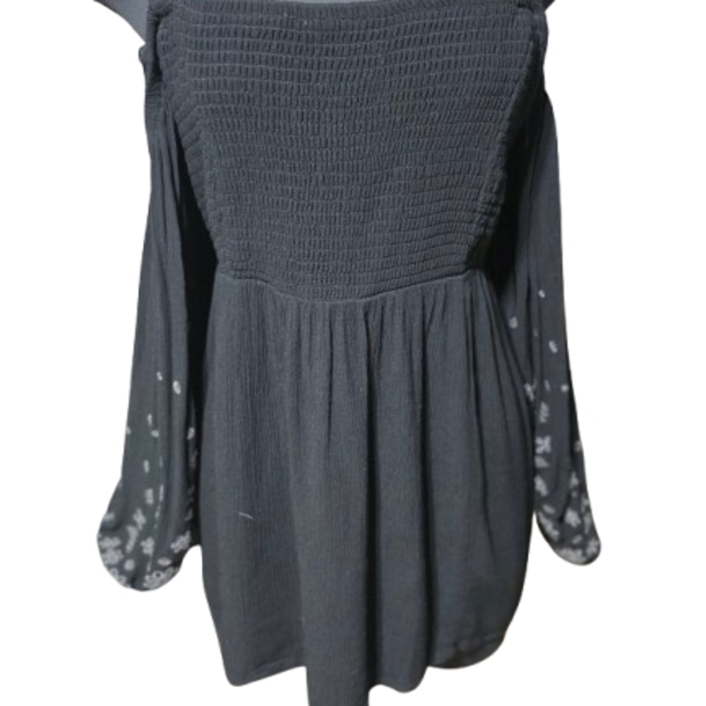 Black Gauze Embroidered Cold Shoulder Top | Smocked Boho Blouse Size 2 image 5